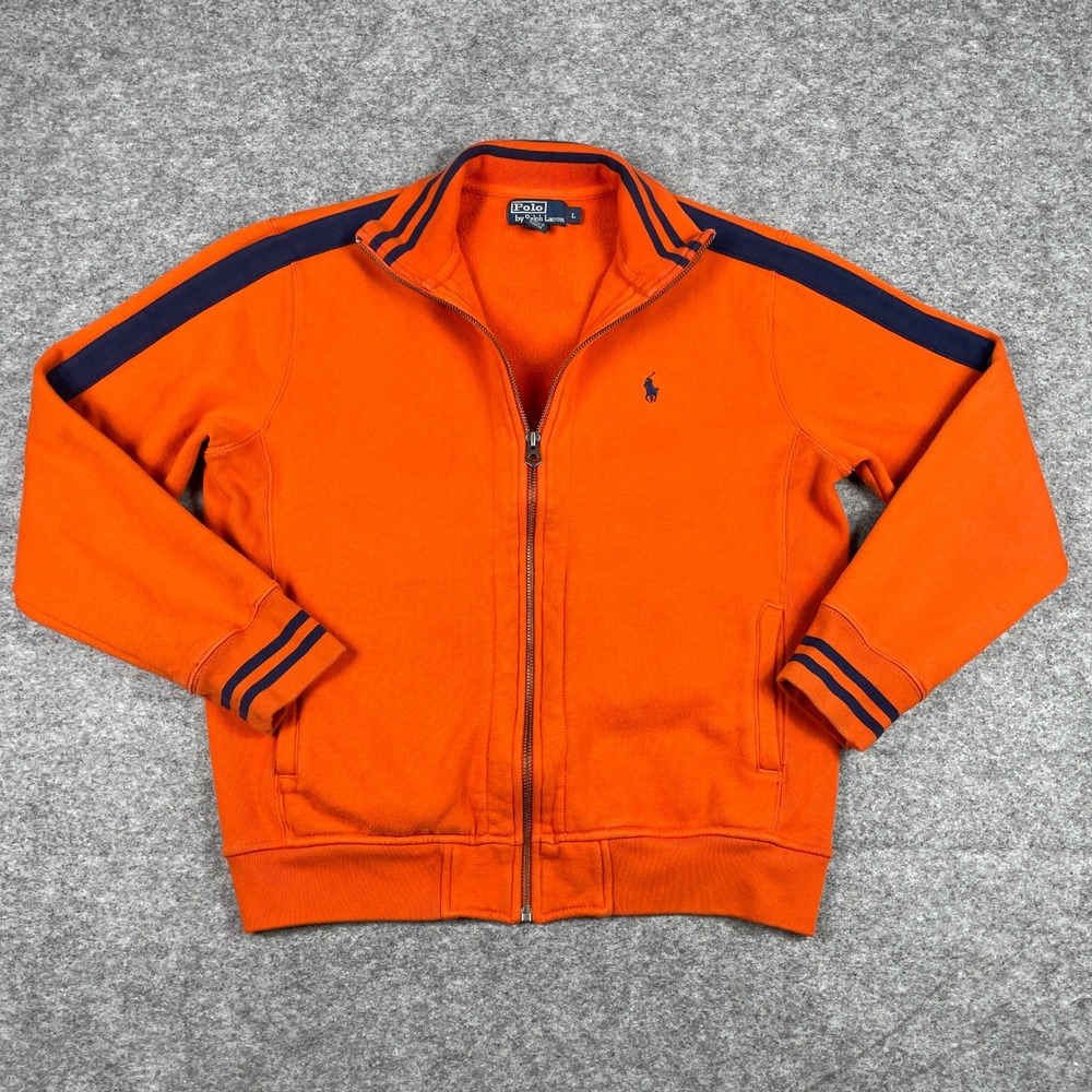 VTG Polo Ralph Lauren Jacket Mens L Orange Stripe Full Zip Fleece Sweatshirt 90s